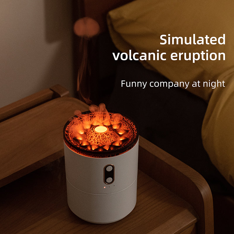 Decorative lamp with a simulated volcanic eruption effect on a bedside table.