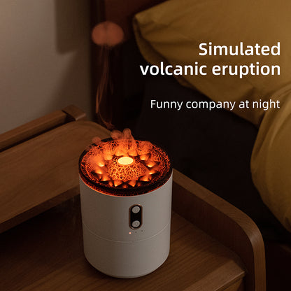 Decorative lamp with a simulated volcanic eruption effect on a bedside table.