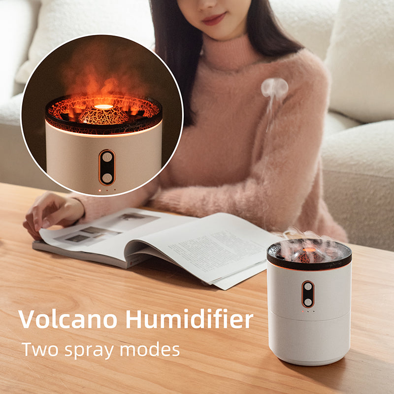 Volcano humidifier on a table with a person reading a magazine, close-up of the humidifier's interior.