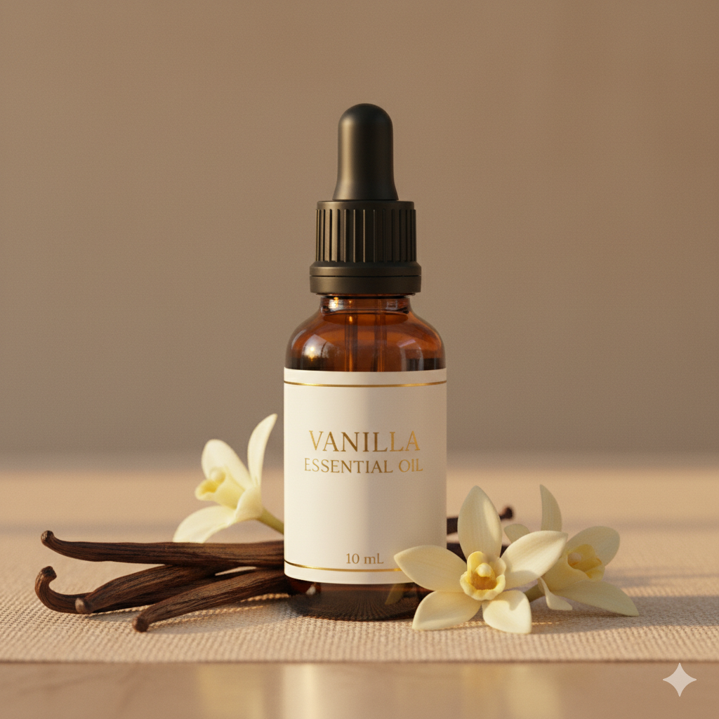 Bottle of vanilla essential oil with vanilla beans and flowers on a beige background