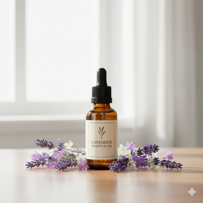 Lavender essential oil bottle with lavender flowers on a wooden surface