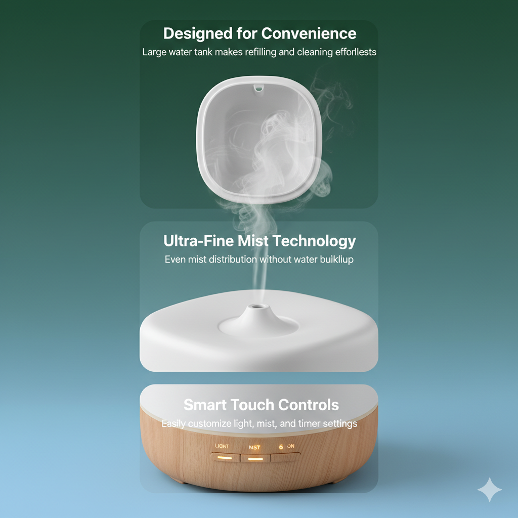 Humidifier with features highlighted on a gradient background