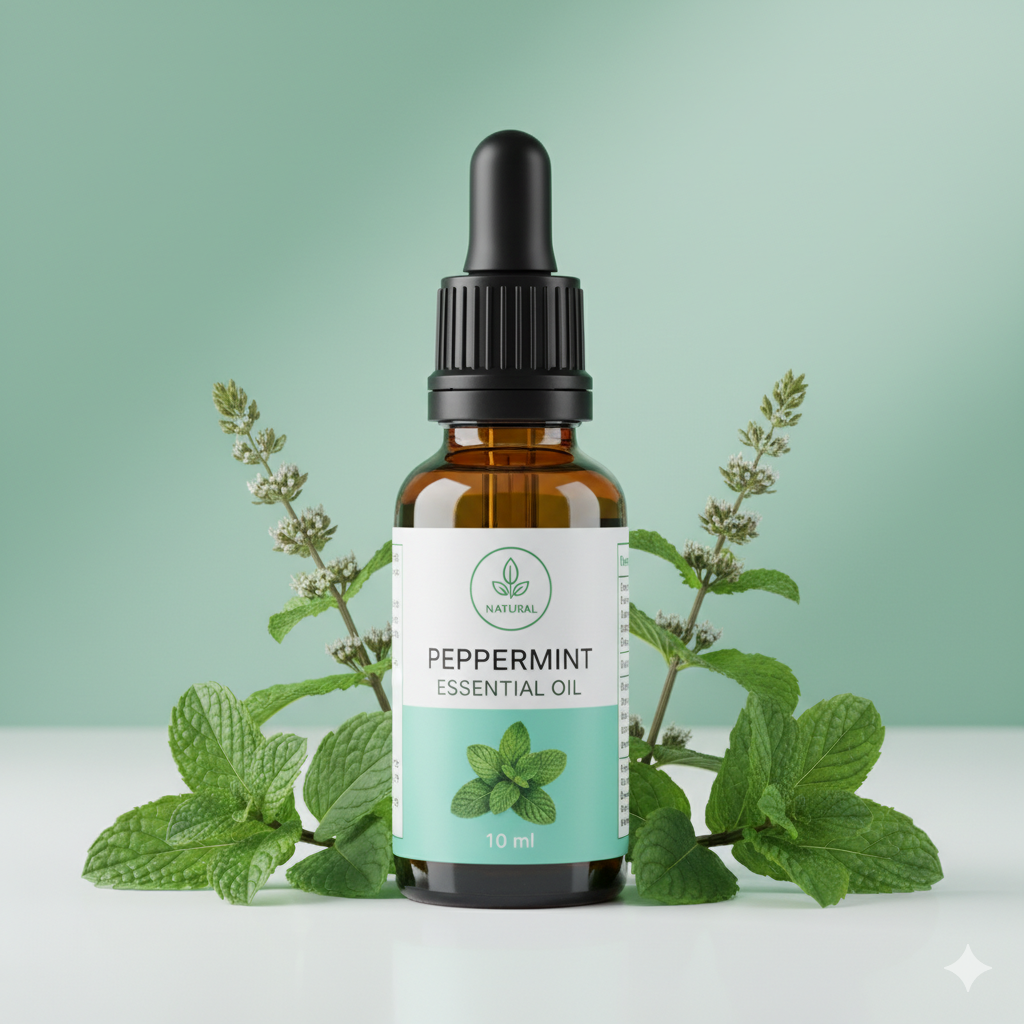 Peppermint essential oil bottle with dropper surrounded by peppermint leaves on a light green background