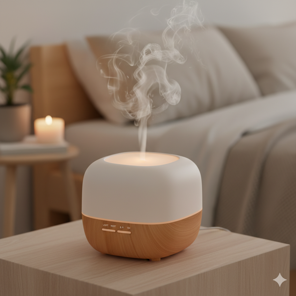 White and wooden diffuser emitting steam on a table with a blurred living room background