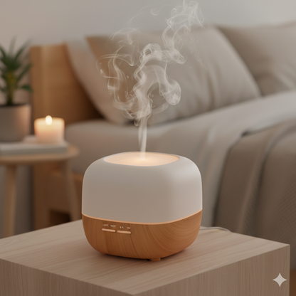 White and wooden diffuser emitting steam on a table with a blurred living room background