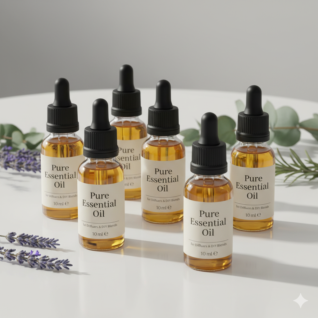 Set of six bottles of pure essential oil with dropper caps on a white surface with lavender and eucalyptus leaves.