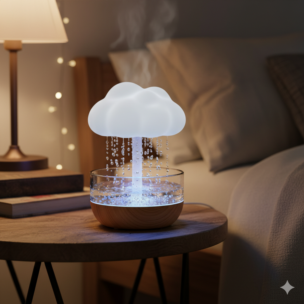 Cloud-shaped humidifier on a wooden table with a blurred background of a cozy room.