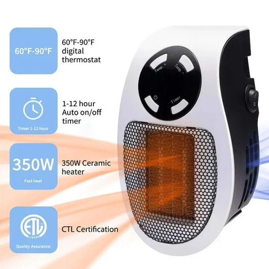 Wall Plug Ceramic Space Heater – Adjustable Timer & LED