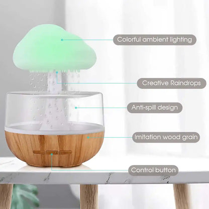 Humidifier with colorful ambient lighting and wooden design on a marble surface.