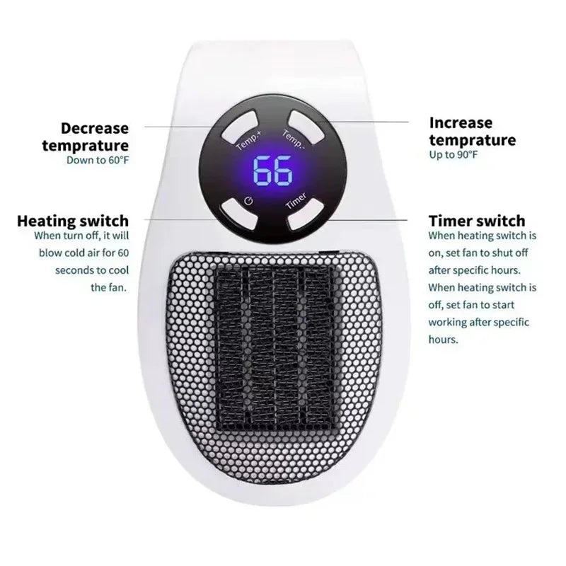Wall Plug Ceramic Space Heater – Adjustable Timer & LED