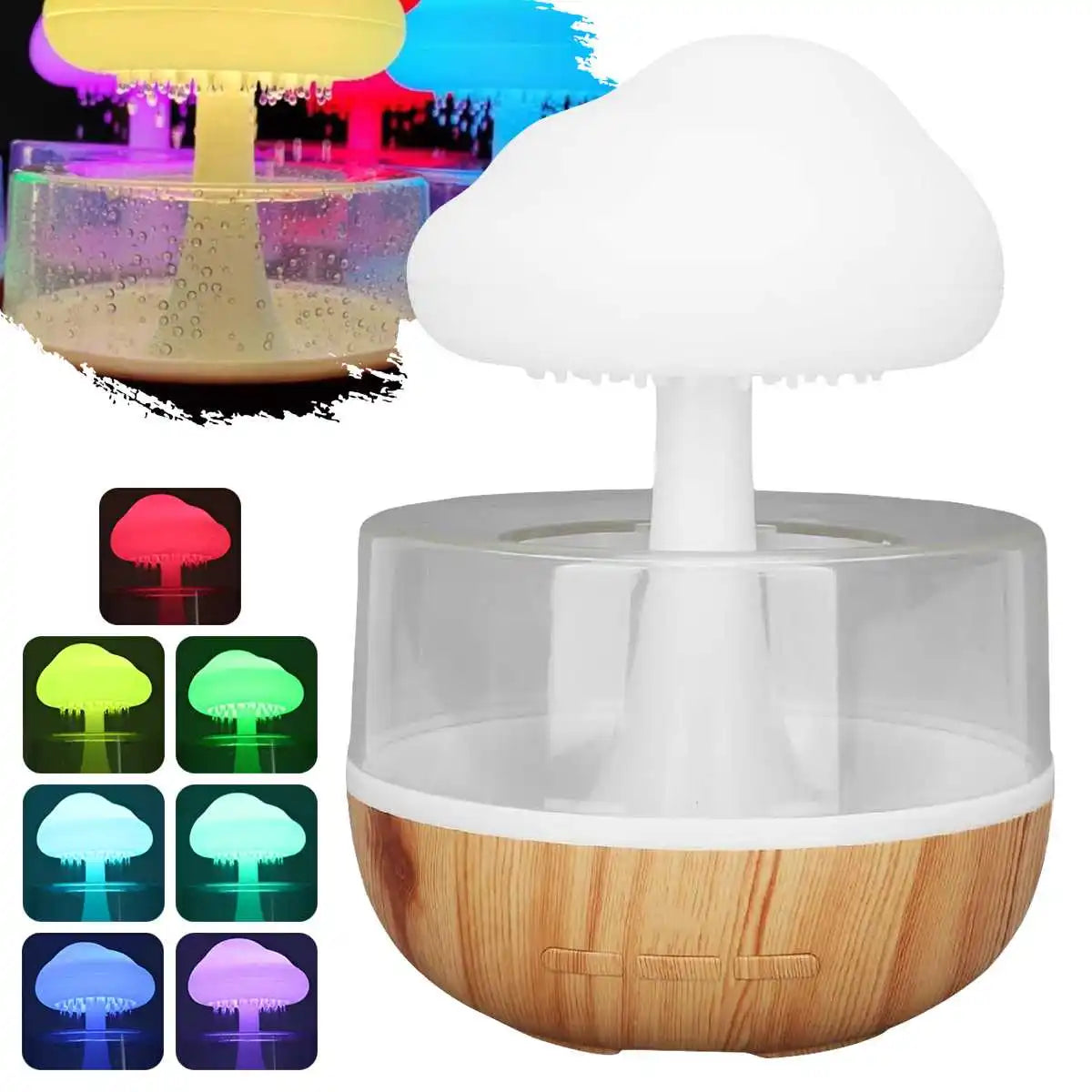 Mushroom-shaped humidifier with color-changing light display and wooden base.