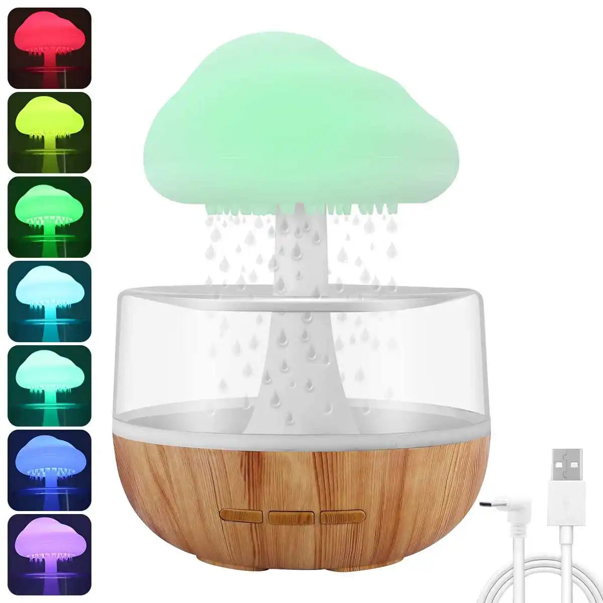 Mushroom-shaped humidifier with wooden base and USB cable, showing color-changing LED lights.