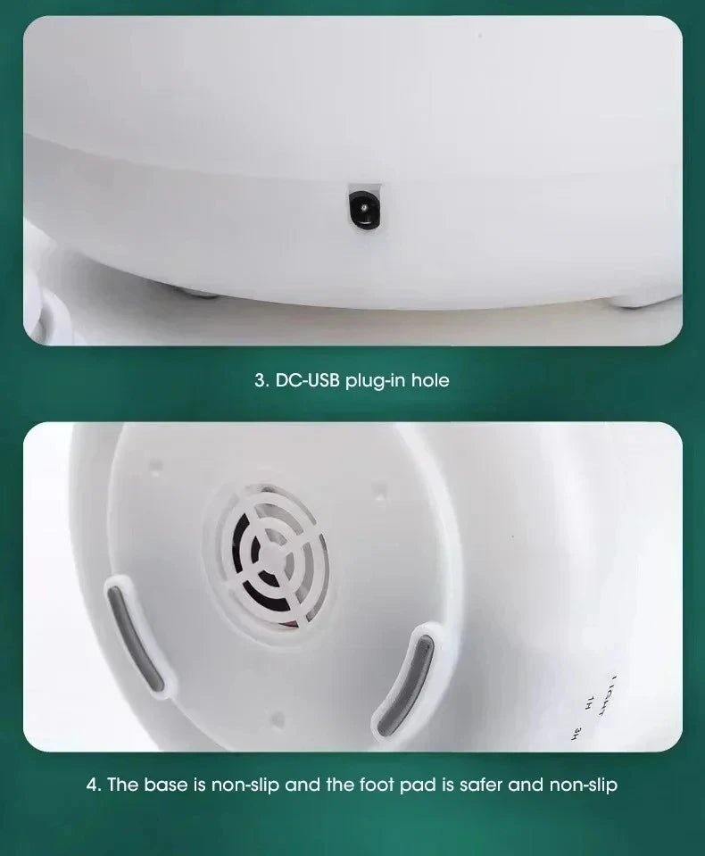 Close-up of a white electronic device with a DC-USB plug-in hole and non-slip base.