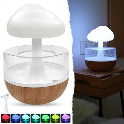 Mushroom-shaped humidifier with wooden base and LED color options on a white background.