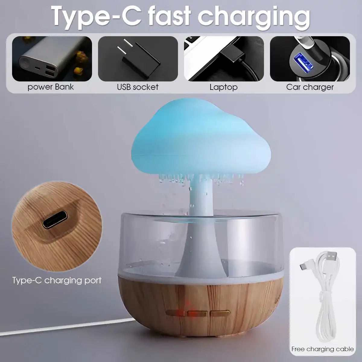 Mushroom-shaped humidifier with Type-C fast charging features on a gray background