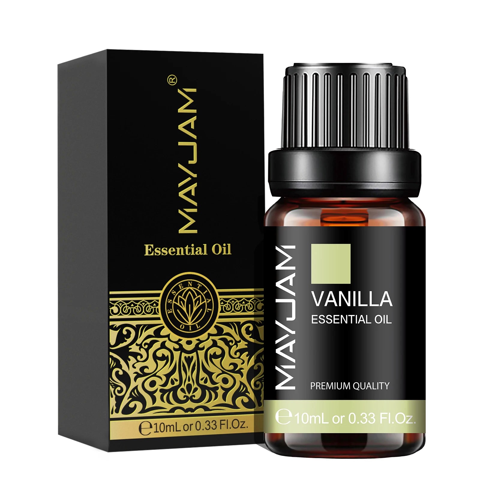 MayJam Vanilla Essential Oil bottle and packaging on a white background